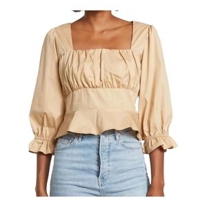 The Good Jane Cream Peplum Blouse with Puff Sleeves and Ruched Detail, Small